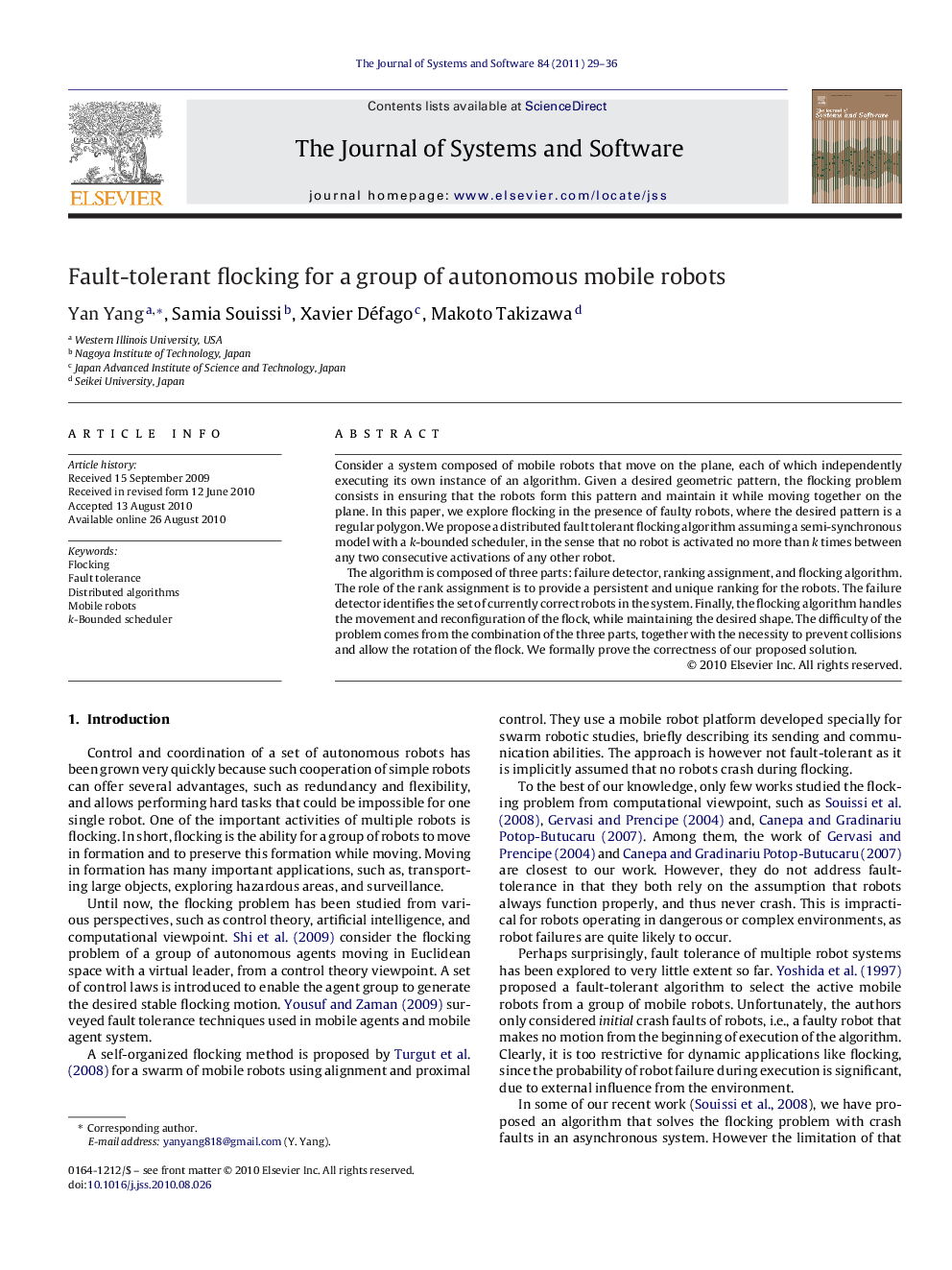 Fault-tolerant flocking for a group of autonomous mobile robots