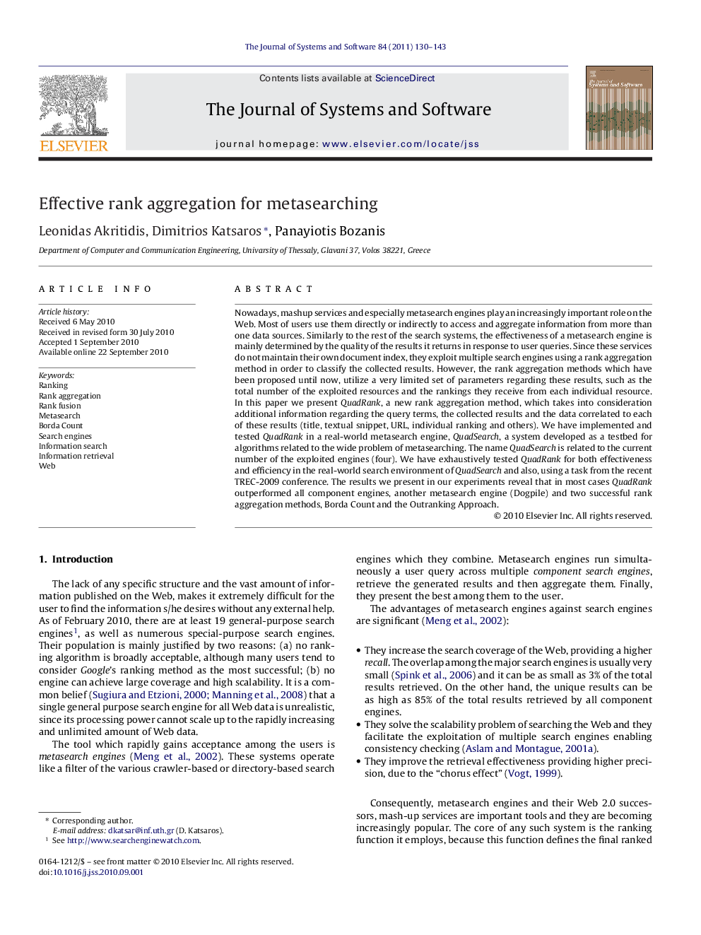 Effective rank aggregation for metasearching