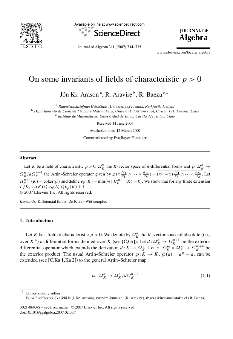 On some invariants of fields of characteristic p>0