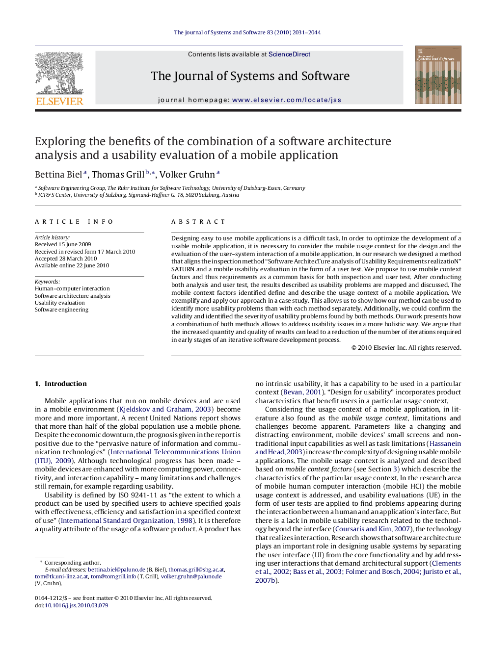 Exploring the benefits of the combination of a software architecture analysis and a usability evaluation of a mobile application