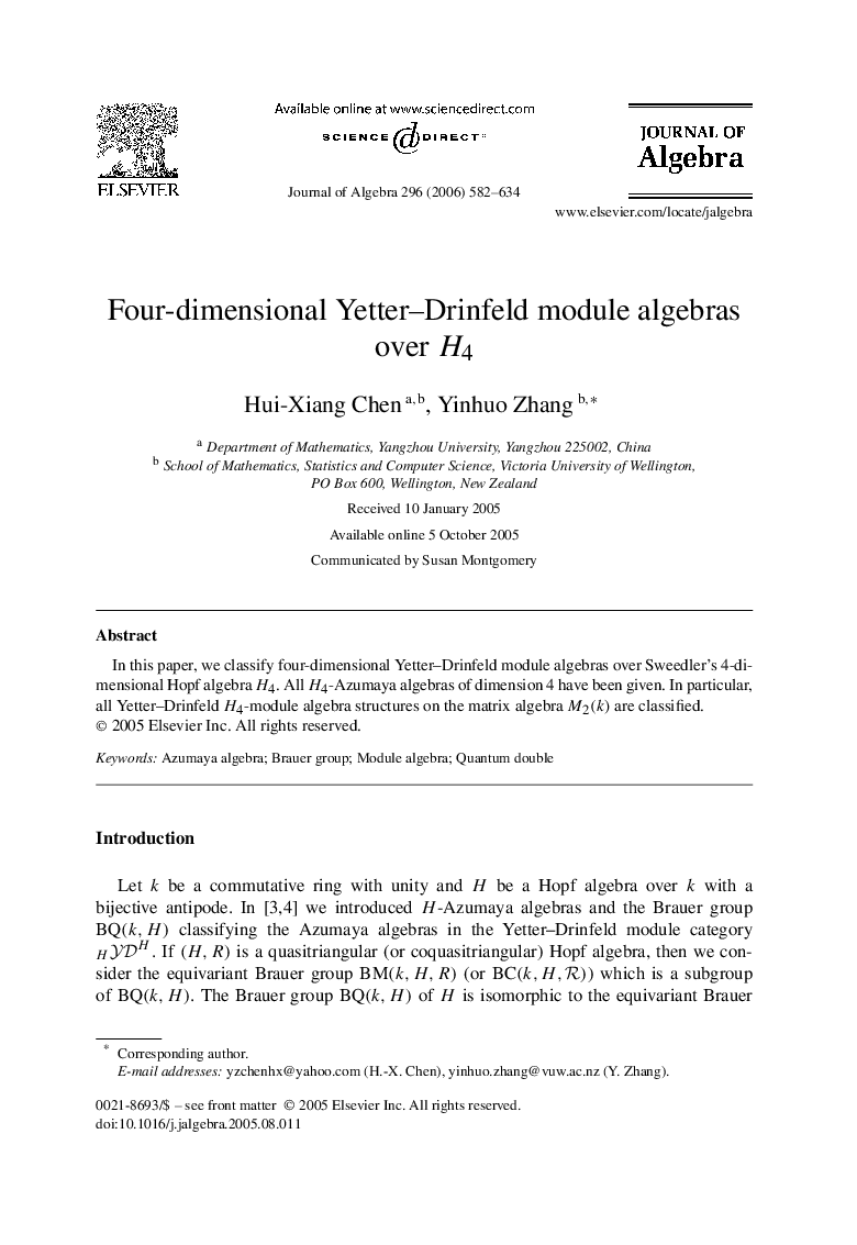 عکس صفحه اول مقاله: Four-dimensional Yetter–Drinfeld module algebras over H4 Four-dimensional Yetter–Drinfeld module algebras over H4