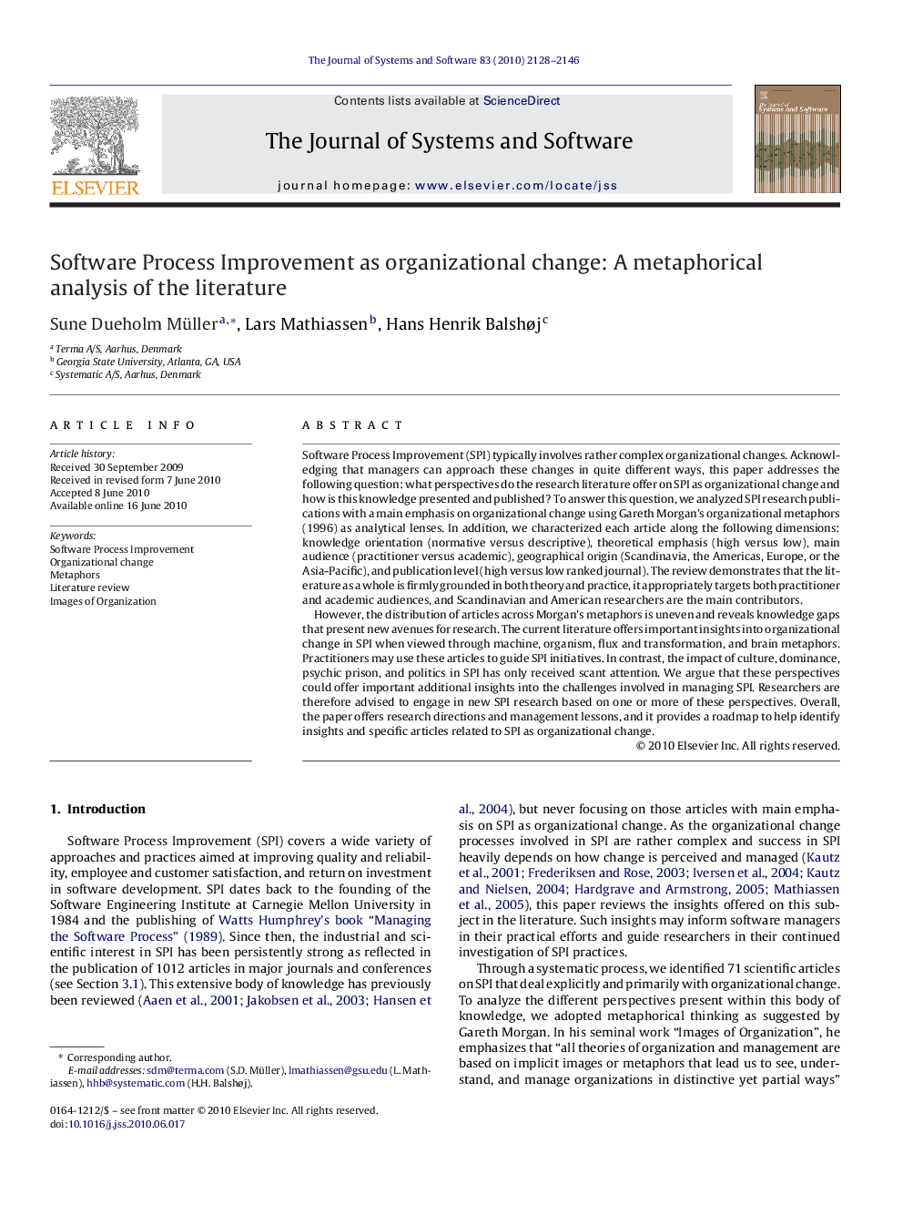 Software Process Improvement as organizational change: A metaphorical analysis of the literature