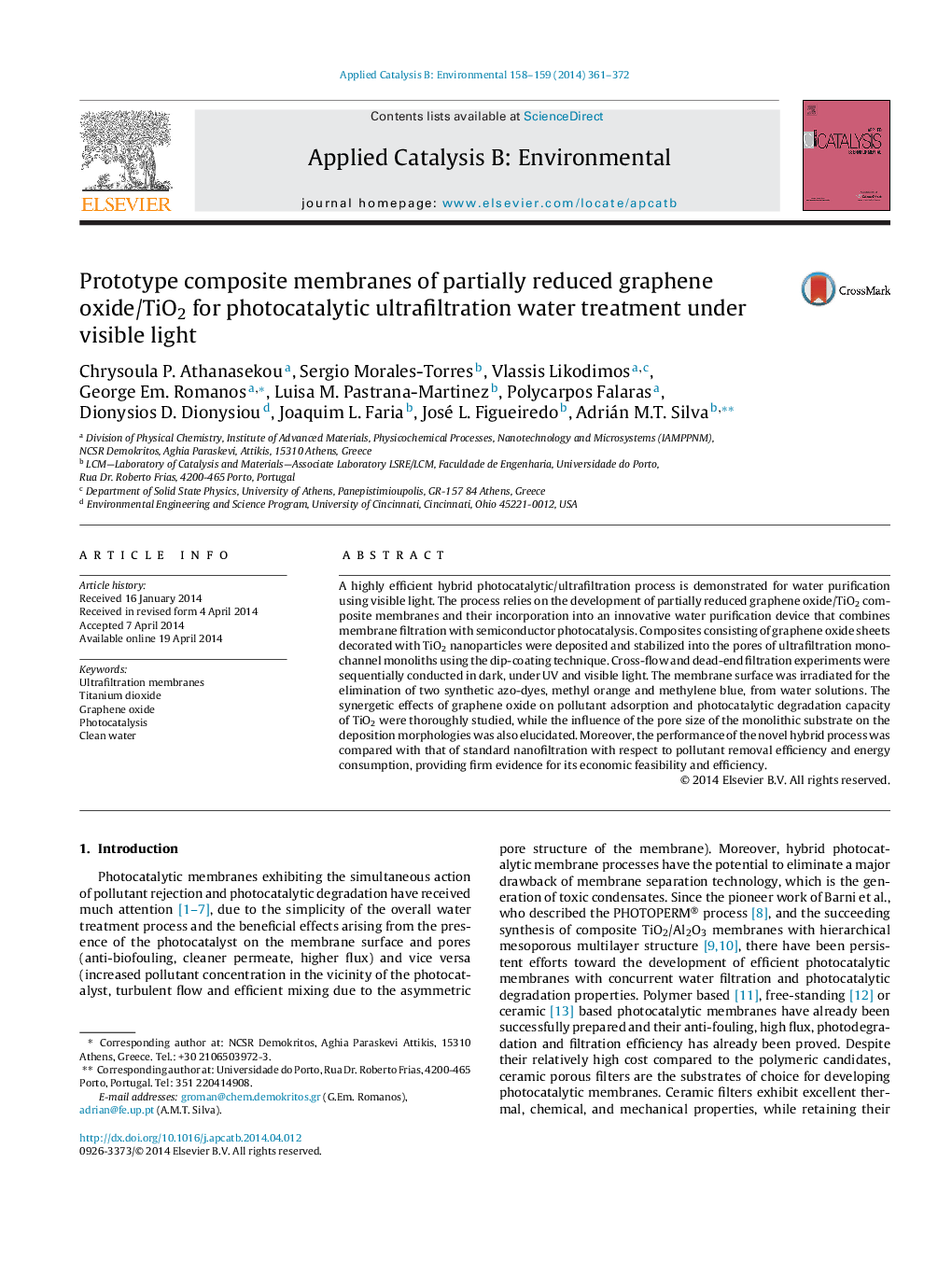 Prototype composite membranes of partially reduced graphene oxide/TiO2 for photocatalytic ultrafiltration water treatment under visible light