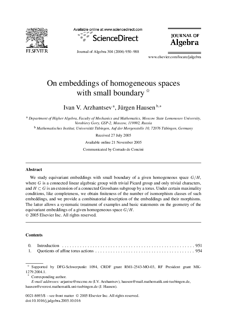 عکس صفحه اول مقاله: On embeddings of homogeneous spaces with small boundary On embeddings of homogeneous spaces with small boundary