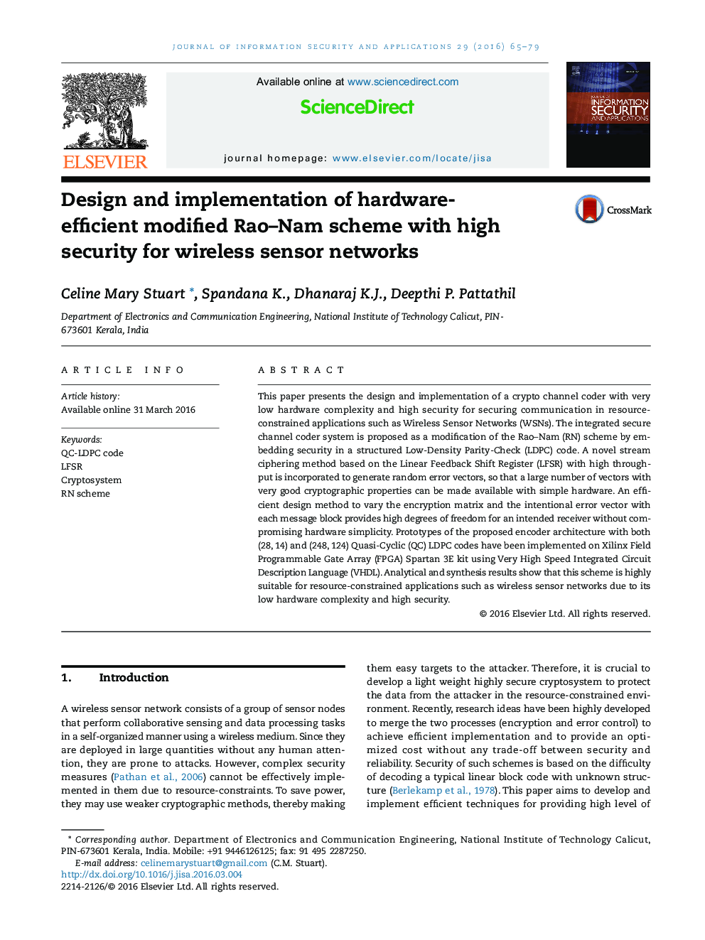 Design and implementation of hardware-efficient modified Rao–Nam scheme with high security for wireless sensor networks