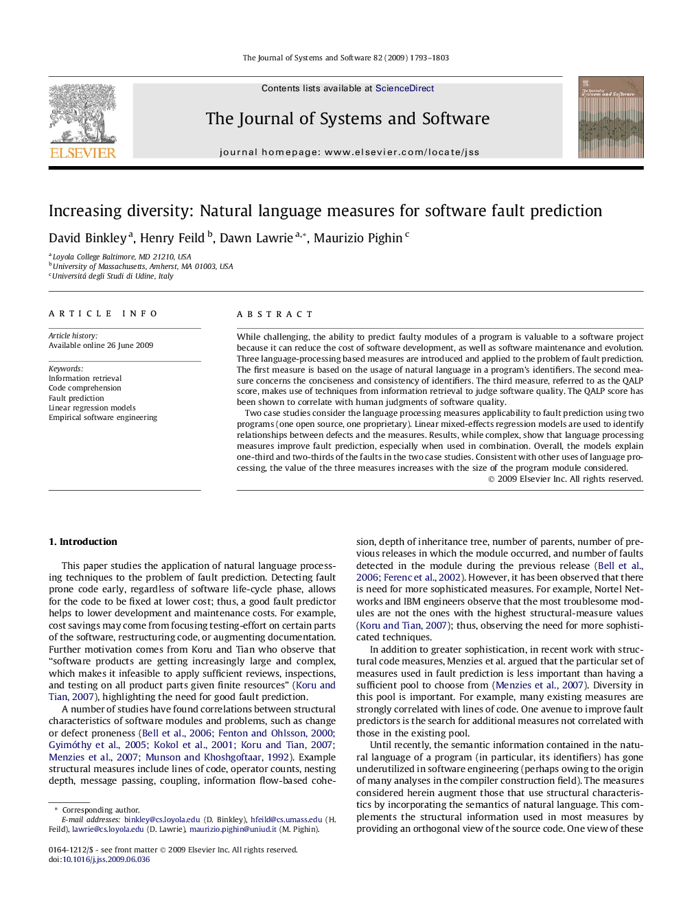 Increasing diversity: Natural language measures for software fault prediction