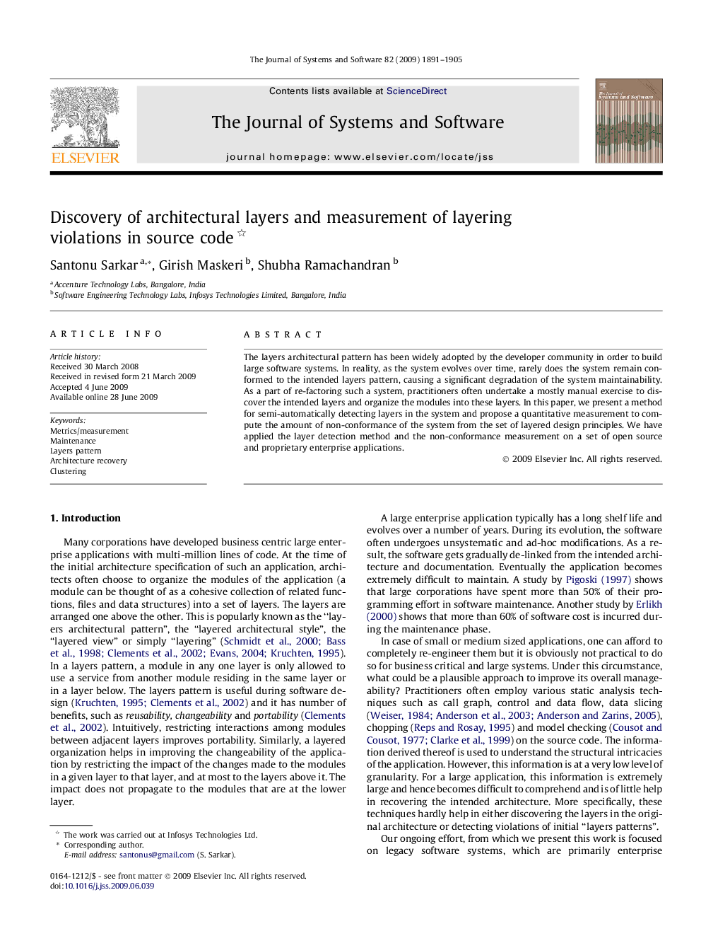 Discovery of architectural layers and measurement of layering violations in source code 