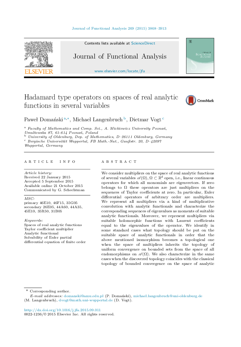 Hadamard type operators on spaces of real analytic functions in several variables