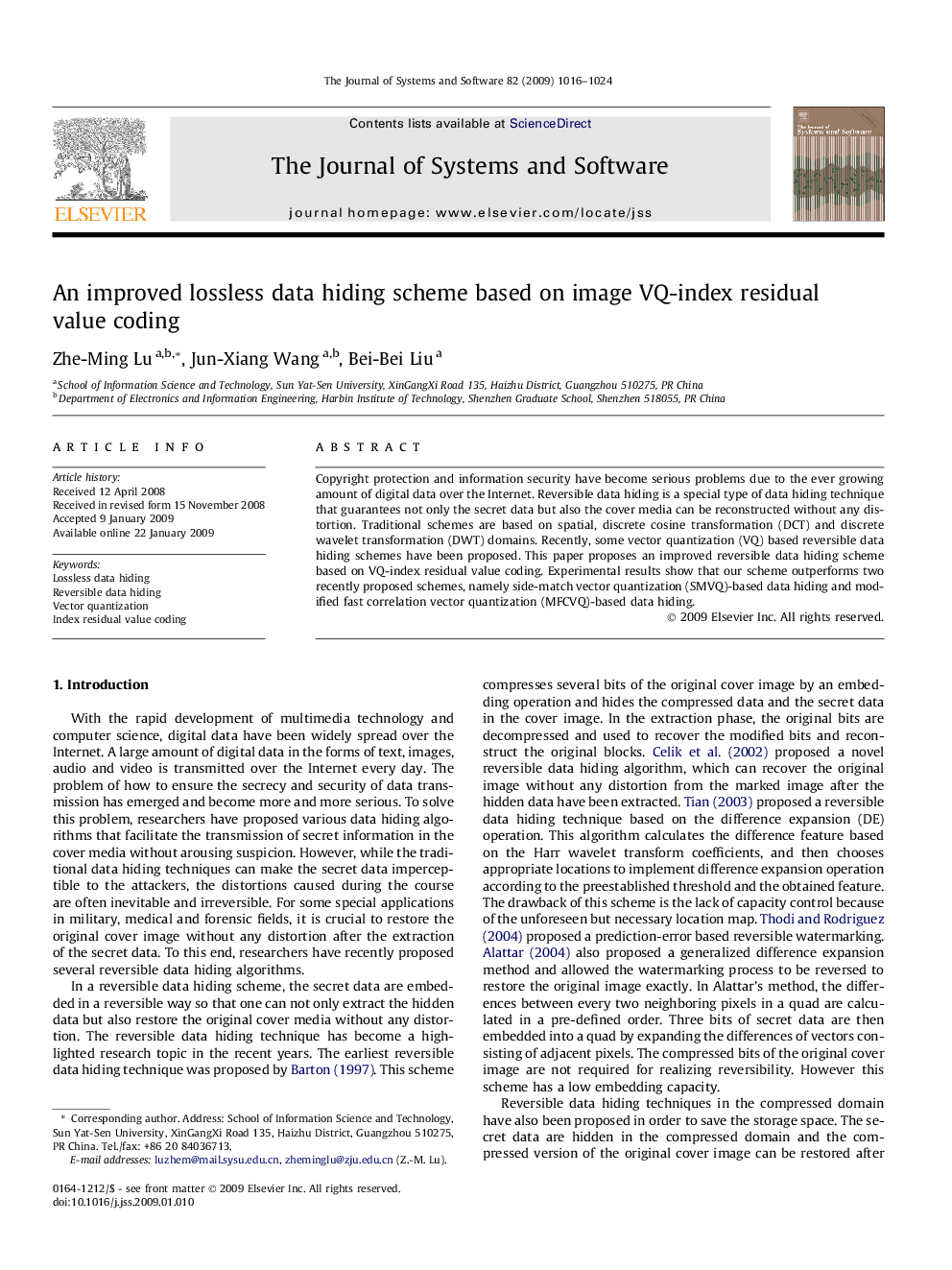 An improved lossless data hiding scheme based on image VQ-index residual value coding