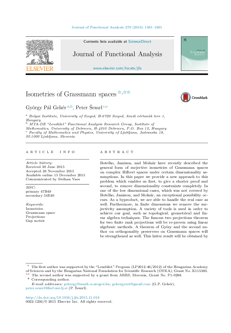 Isometries of Grassmann spaces 