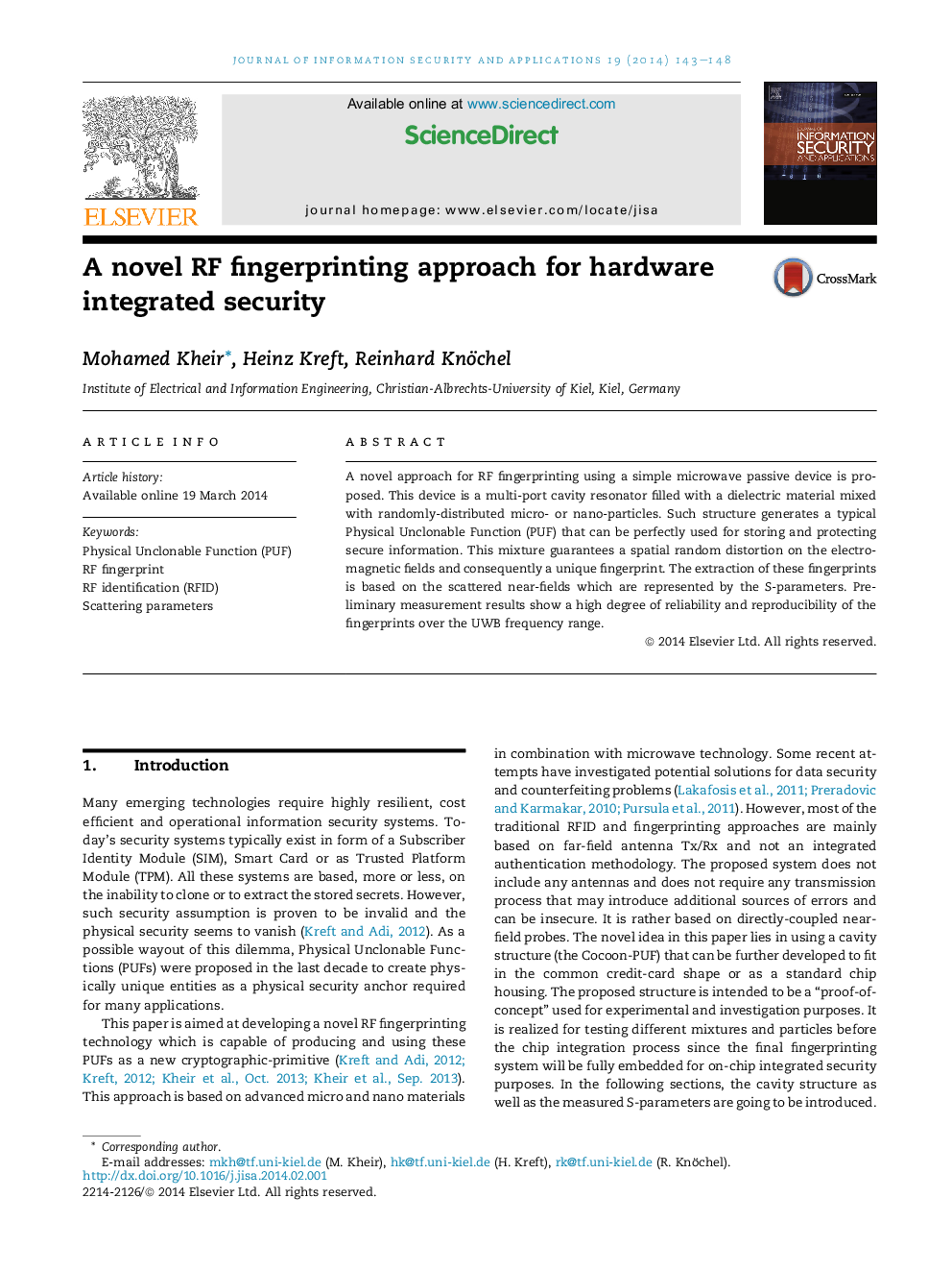 عکس صفحه اول مقاله: A novel RF fingerprinting approach for hardware integrated security A novel RF fingerprinting approach for hardware integrated security