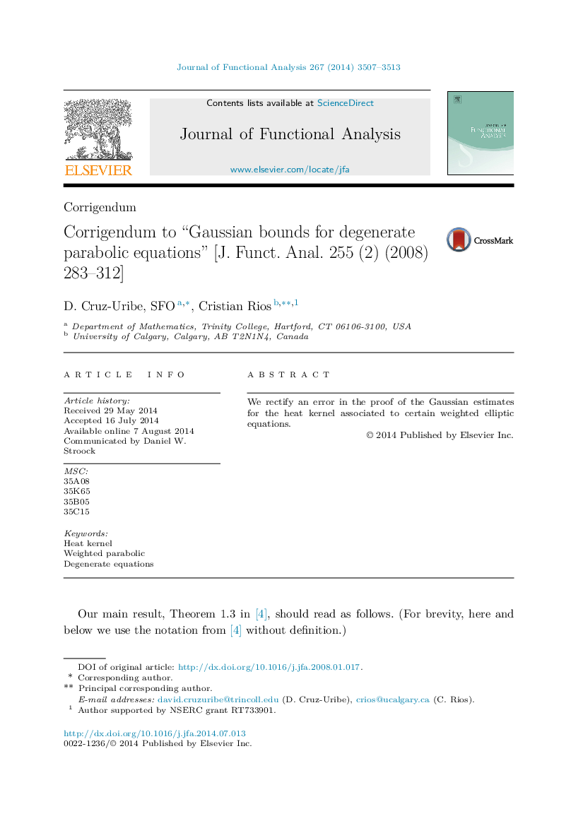 Corrigendum to “Gaussian bounds for degenerate parabolic equations” [J. Funct. Anal. 255 (2) (2008) 283–312]