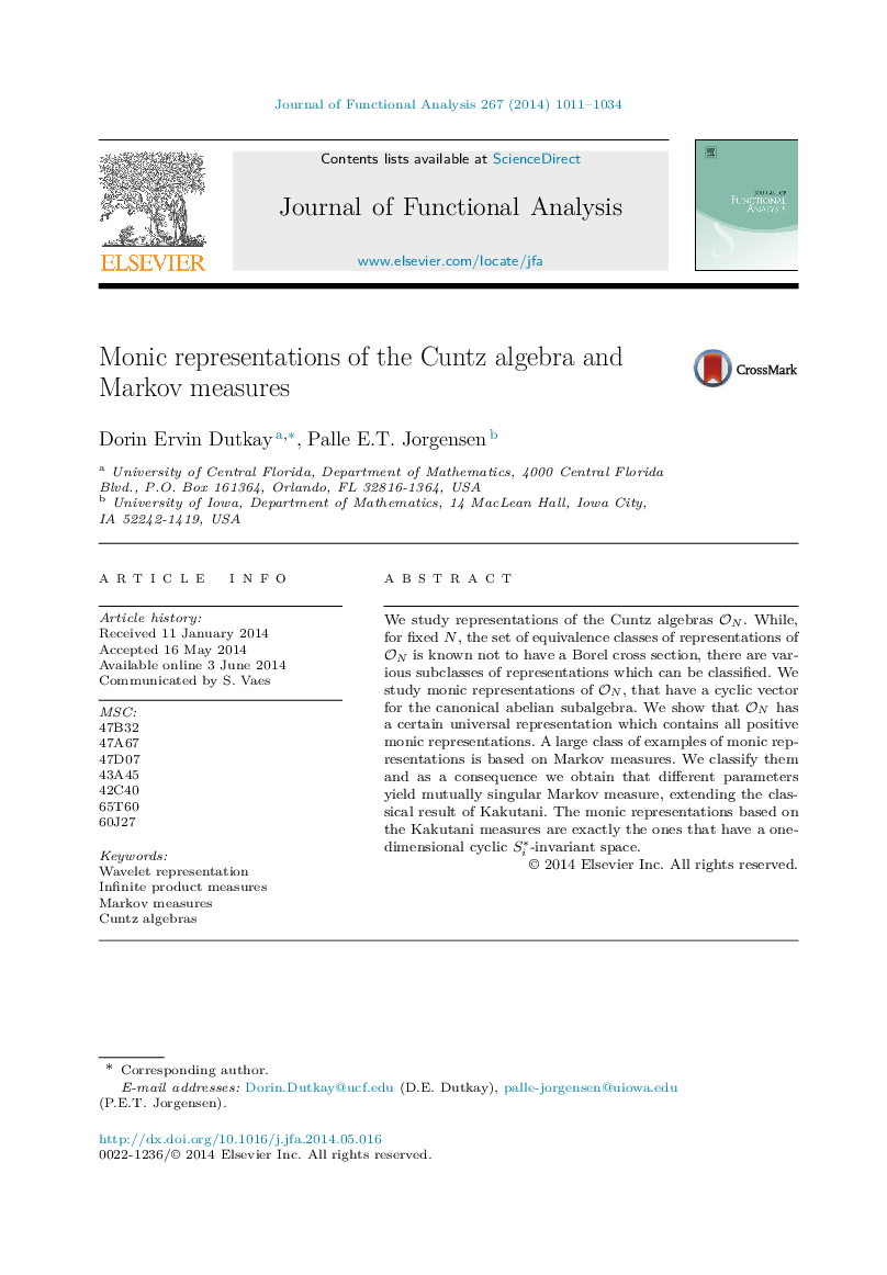 Monic representations of the Cuntz algebra and Markov measures