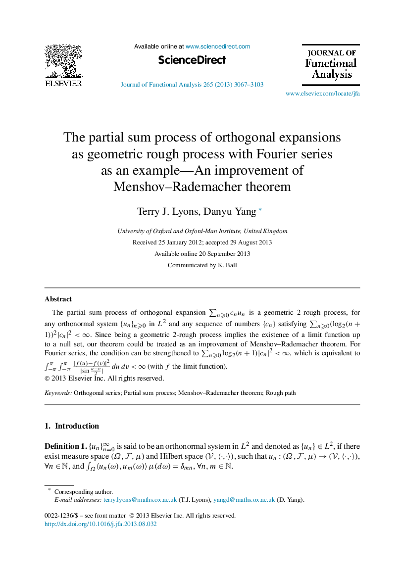 The partial sum process of orthogonal expansions as geometric rough process with Fourier series as an example—An improvement of Menshov–Rademacher theorem