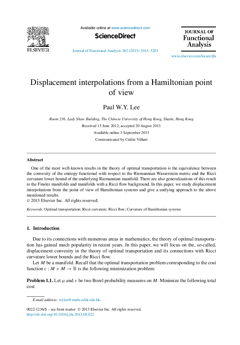 Displacement interpolations from a Hamiltonian point of view