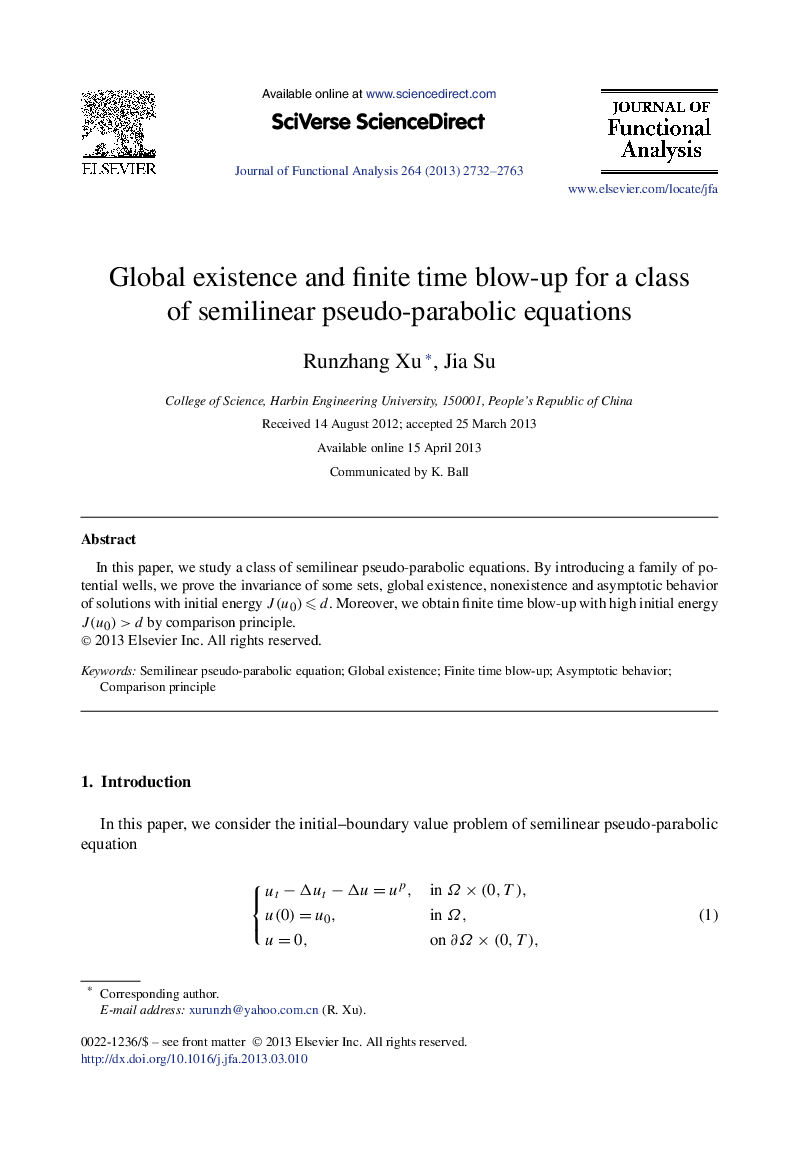 Global existence and finite time blow-up for a class of semilinear pseudo-parabolic equations