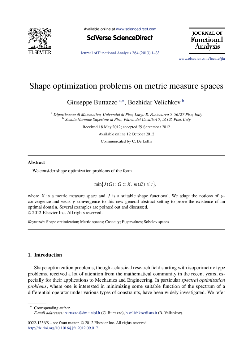 Shape optimization problems on metric measure spaces