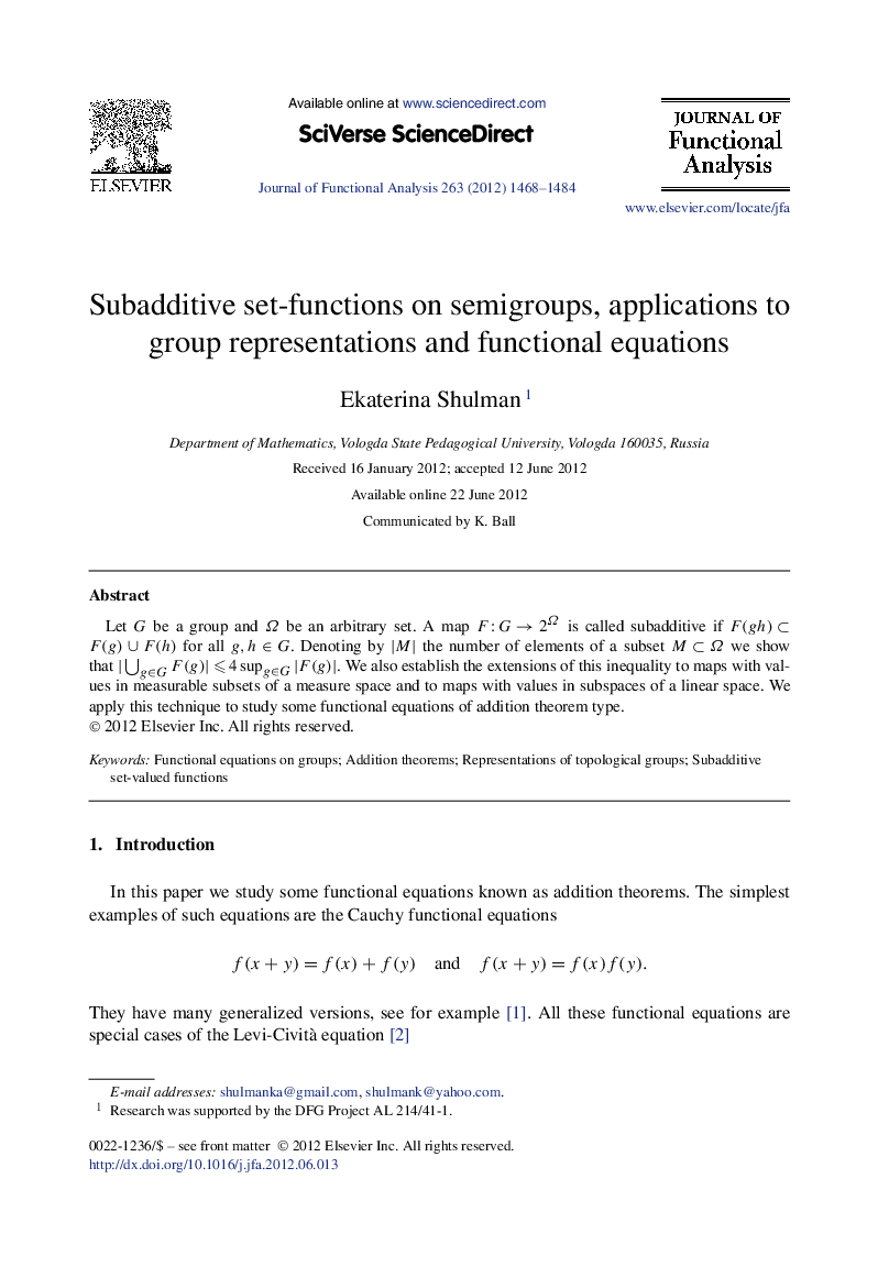Subadditive set-functions on semigroups, applications to group representations and functional equations