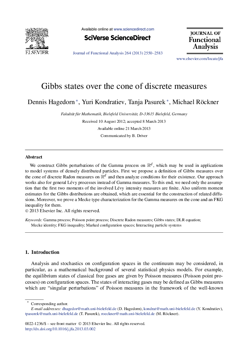 Gibbs states over the cone of discrete measures