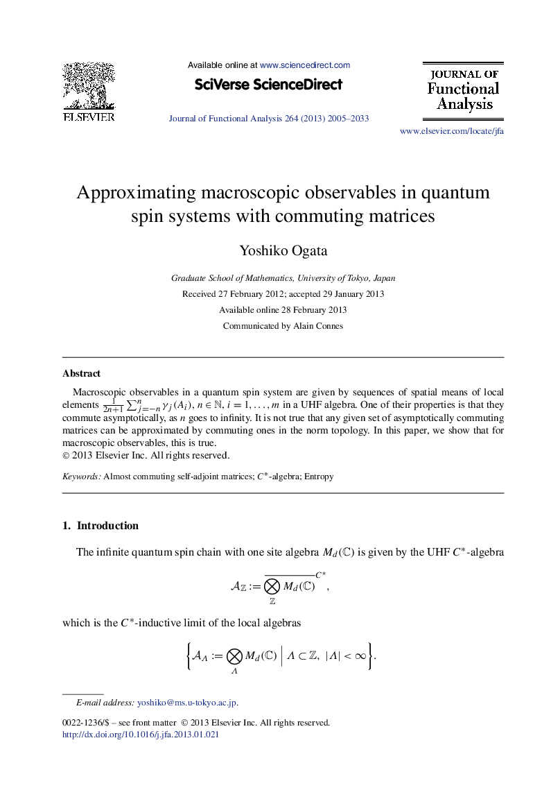 Approximating macroscopic observables in quantum spin systems with commuting matrices