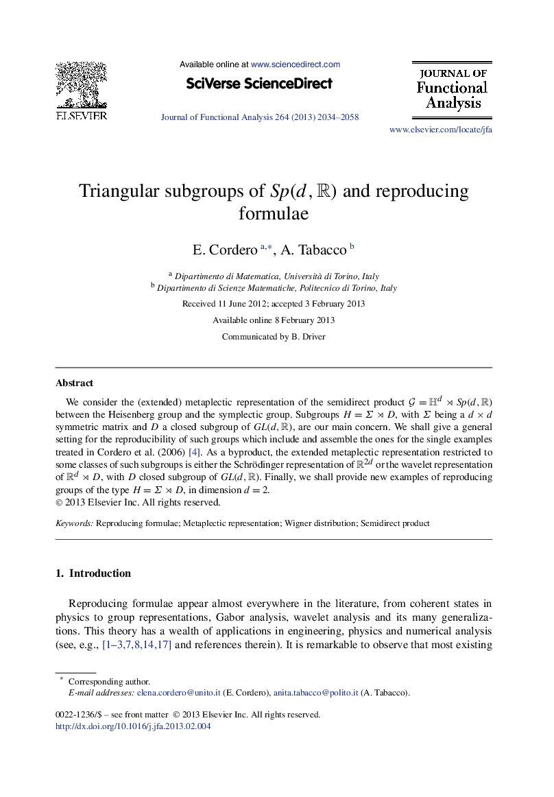 Triangular subgroups of Sp(d,R) and reproducing formulae