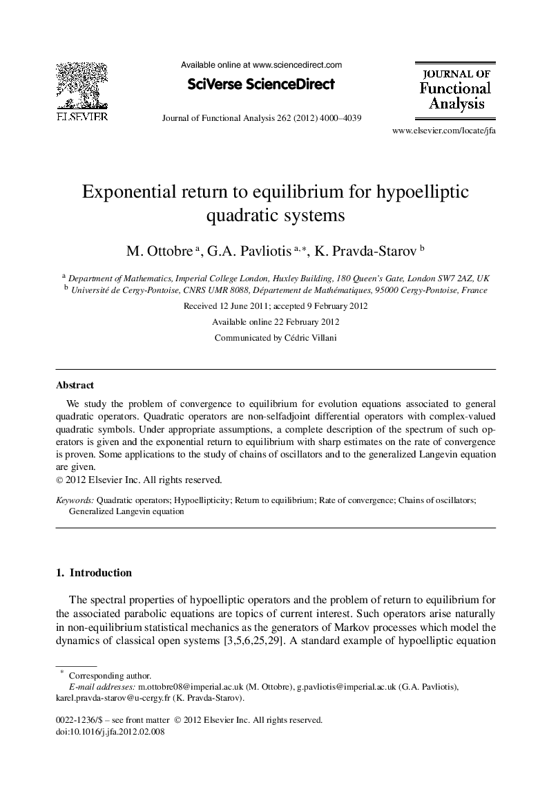 Exponential return to equilibrium for hypoelliptic quadratic systems