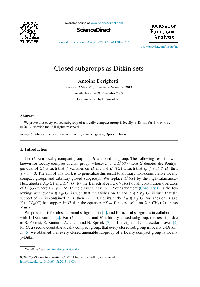 Closed subgroups as Ditkin sets