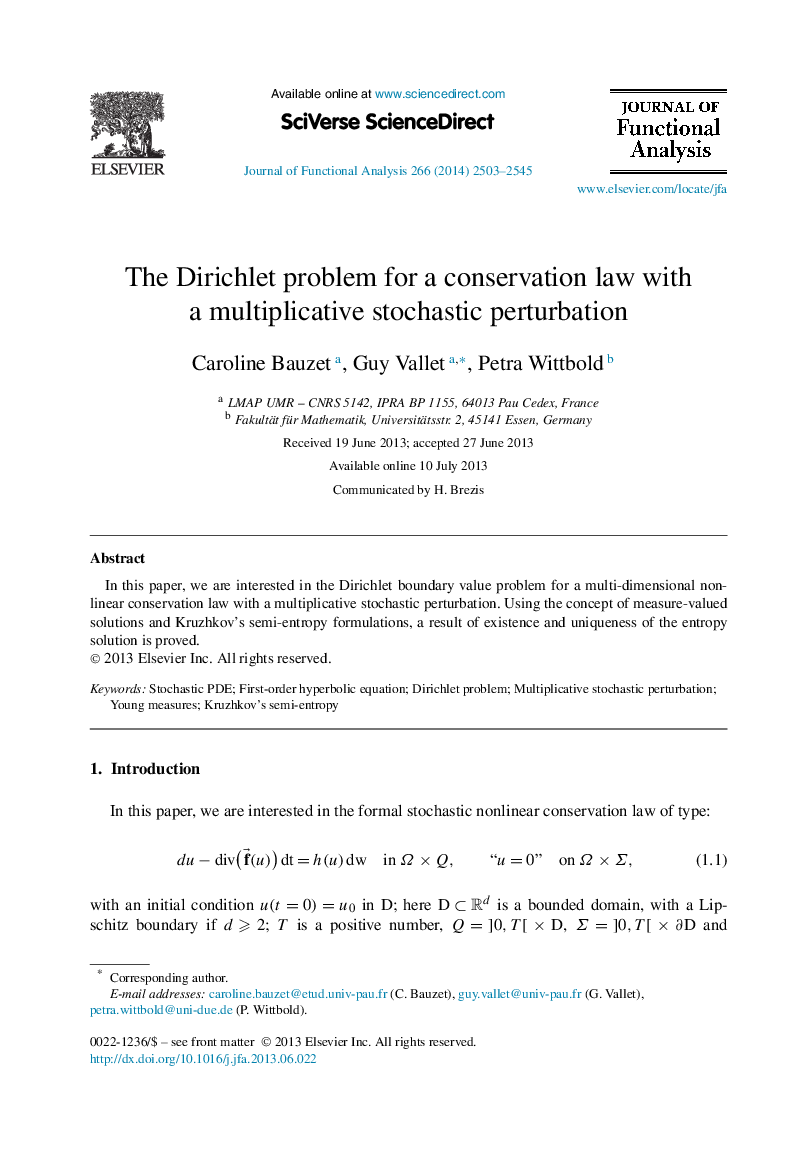 The Dirichlet problem for a conservation law with a multiplicative stochastic perturbation