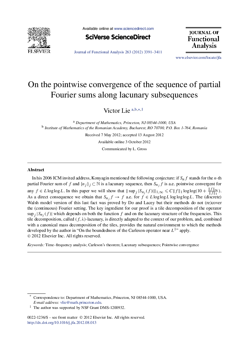 On the pointwise convergence of the sequence of partial Fourier sums along lacunary subsequences