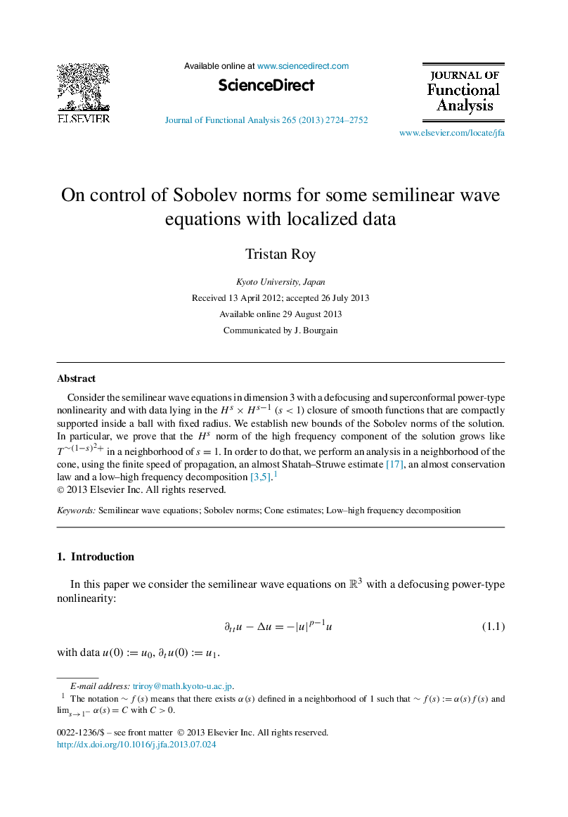 On control of Sobolev norms for some semilinear wave equations with localized data