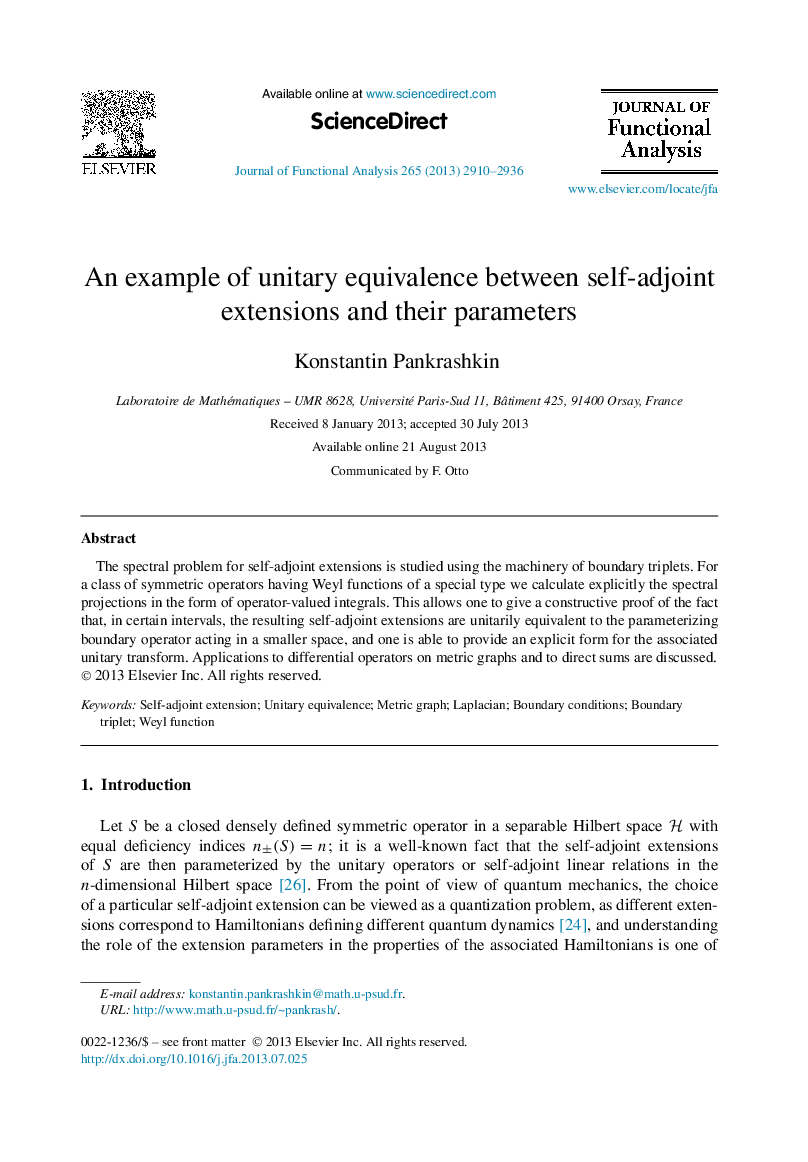 An example of unitary equivalence between self-adjoint extensions and their parameters