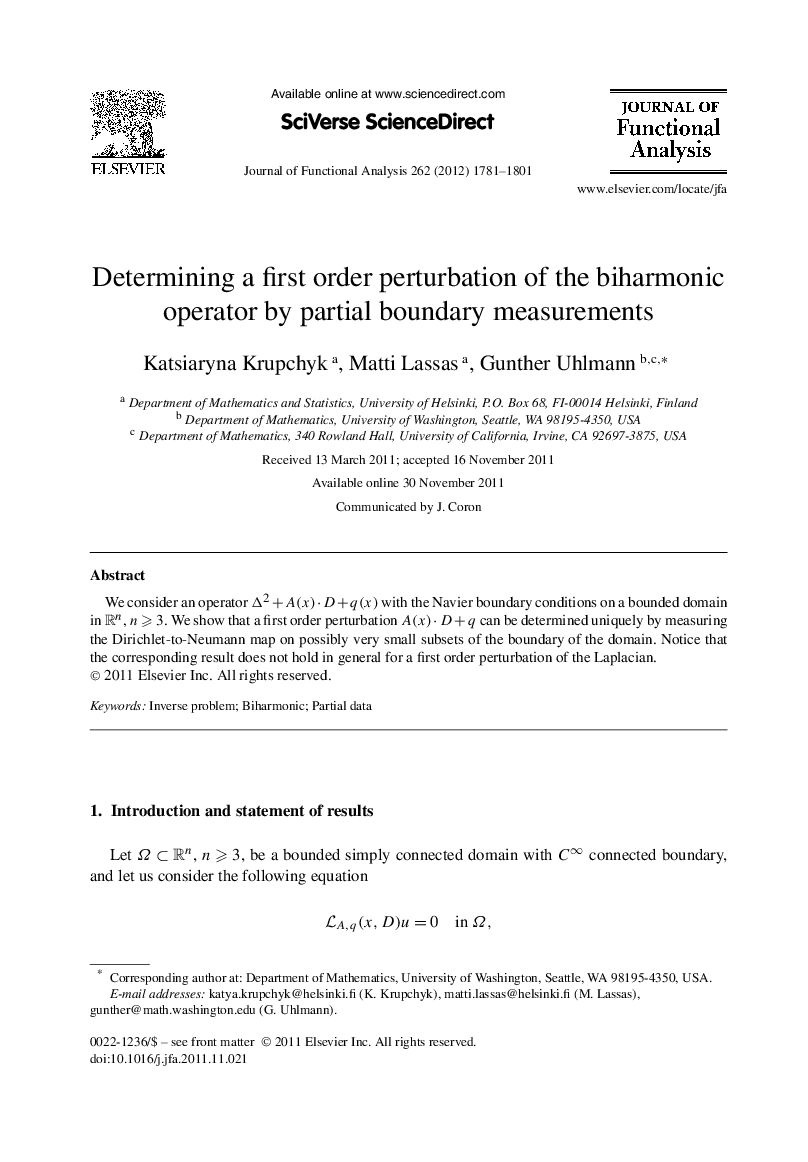 Determining a first order perturbation of the biharmonic operator by partial boundary measurements