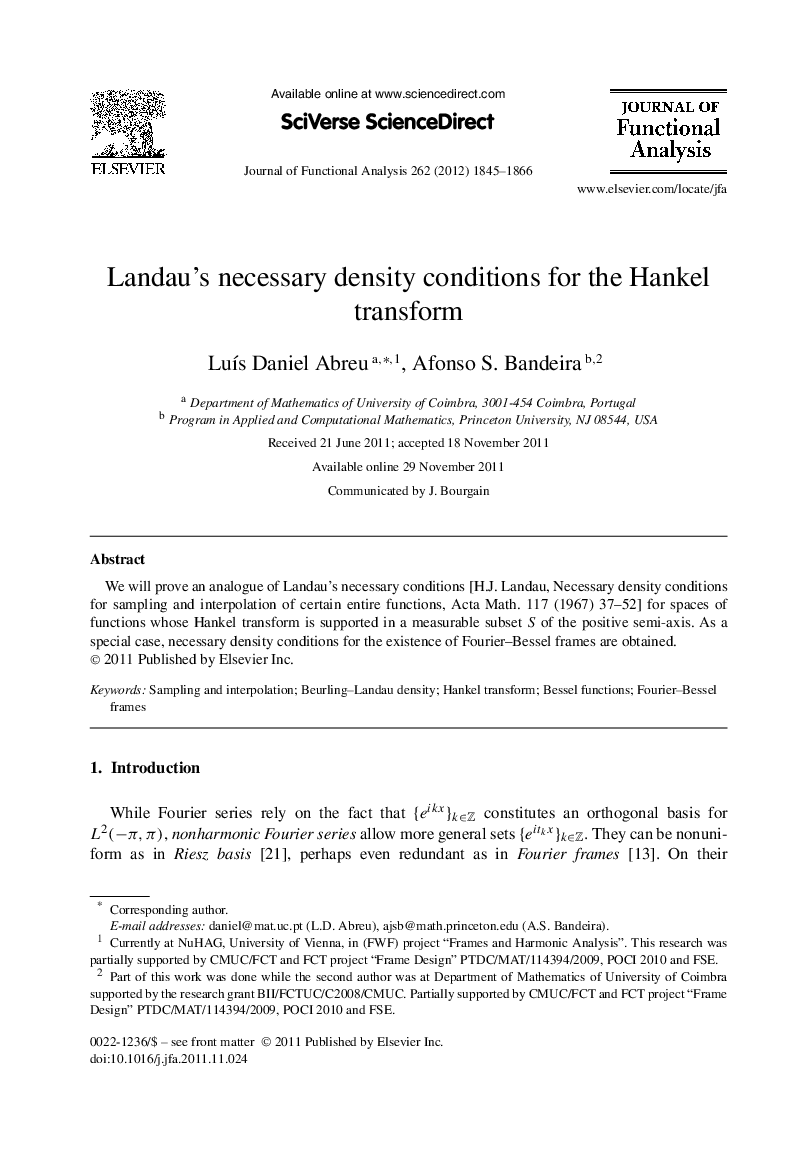 Landauʼs necessary density conditions for the Hankel transform