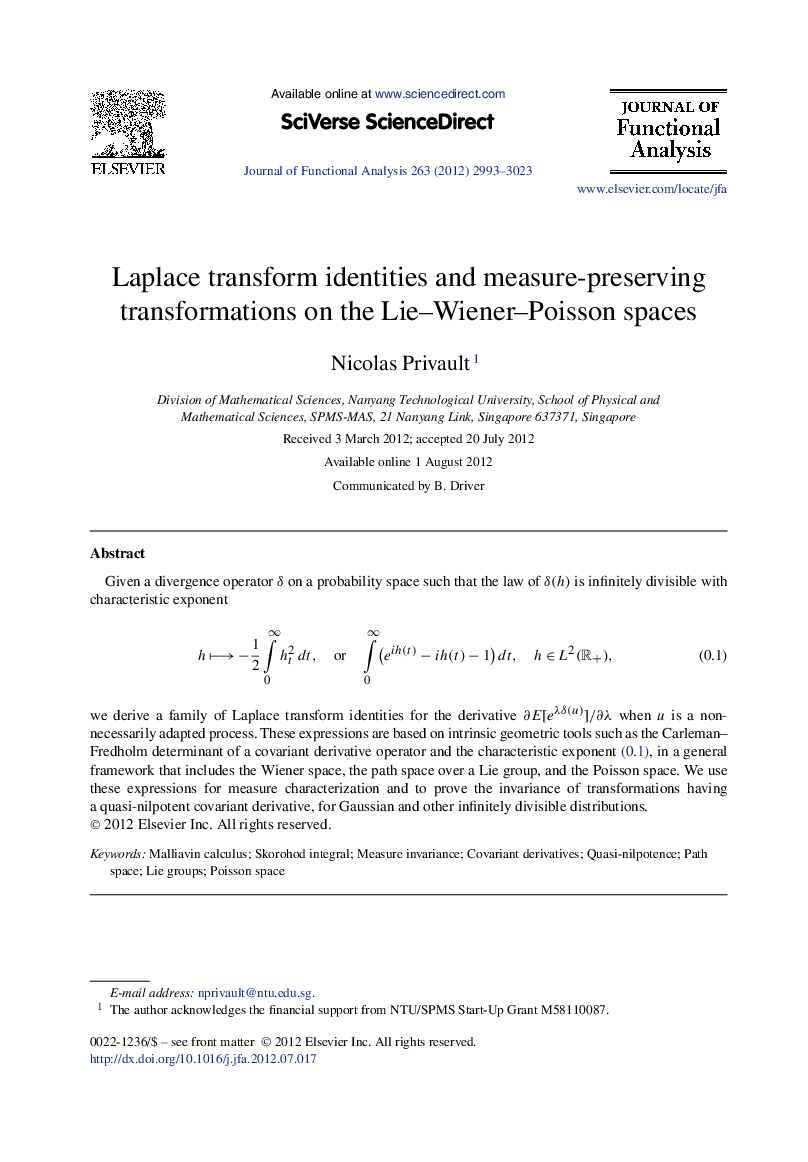 Laplace transform identities and measure-preserving transformations on the Lie–Wiener–Poisson spaces