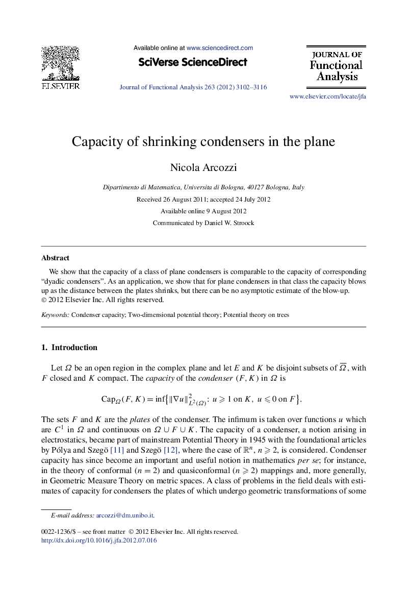 Capacity of shrinking condensers in the plane