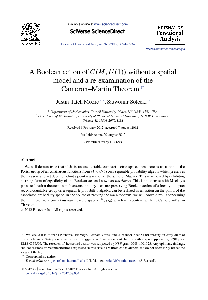 A Boolean action of C(M,U(1)) without a spatial model and a re-examination of the Cameron–Martin Theorem 