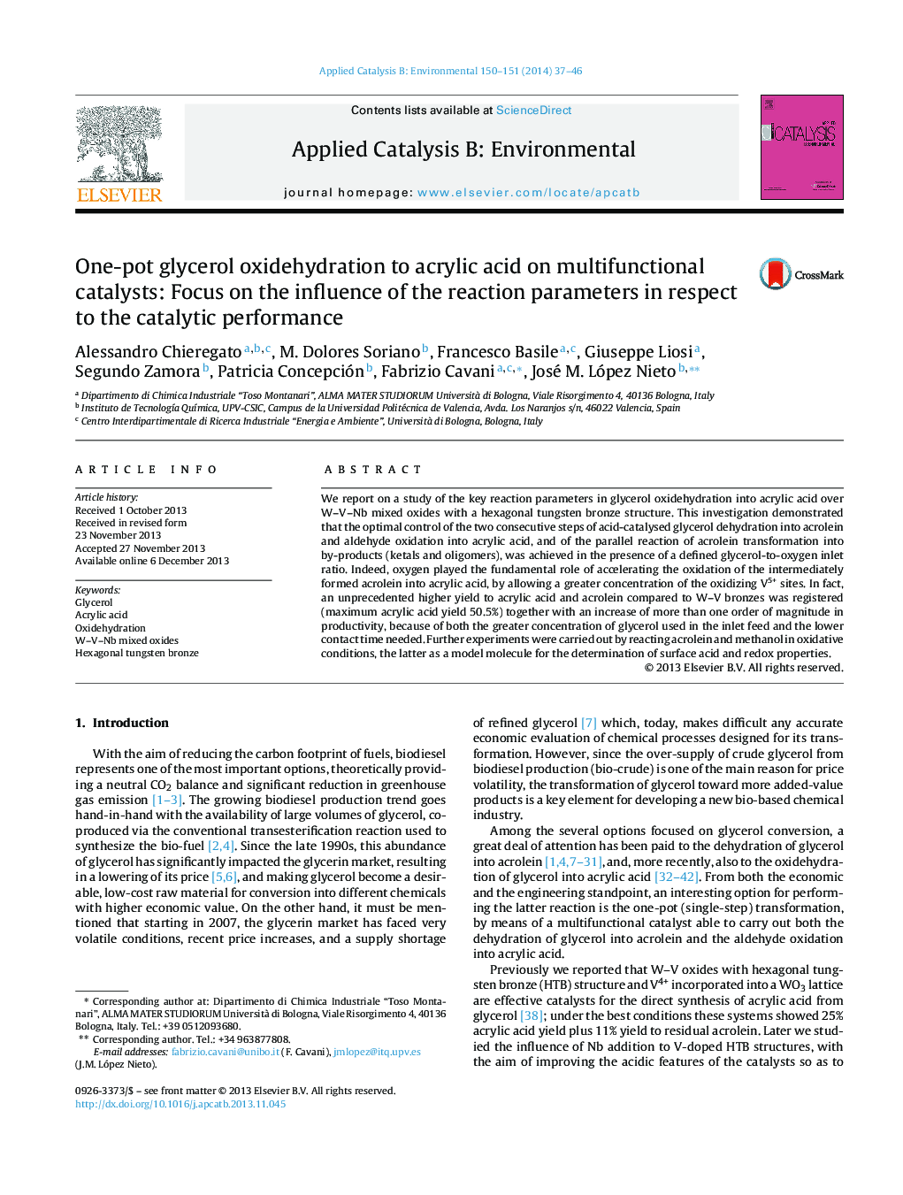 One-pot glycerol oxidehydration to acrylic acid on multifunctional catalysts: Focus on the influence of the reaction parameters in respect to the catalytic performance