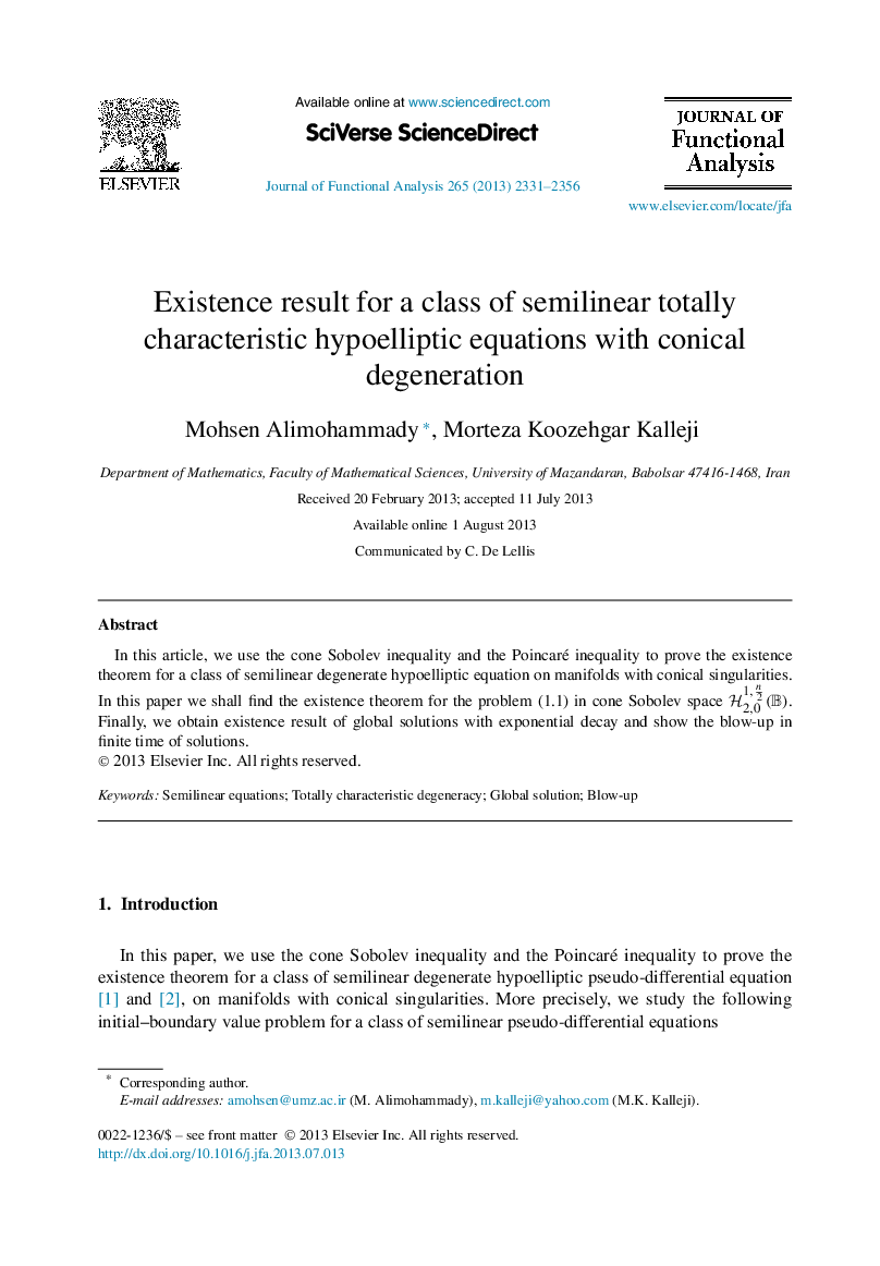 Existence result for a class of semilinear totally characteristic hypoelliptic equations with conical degeneration