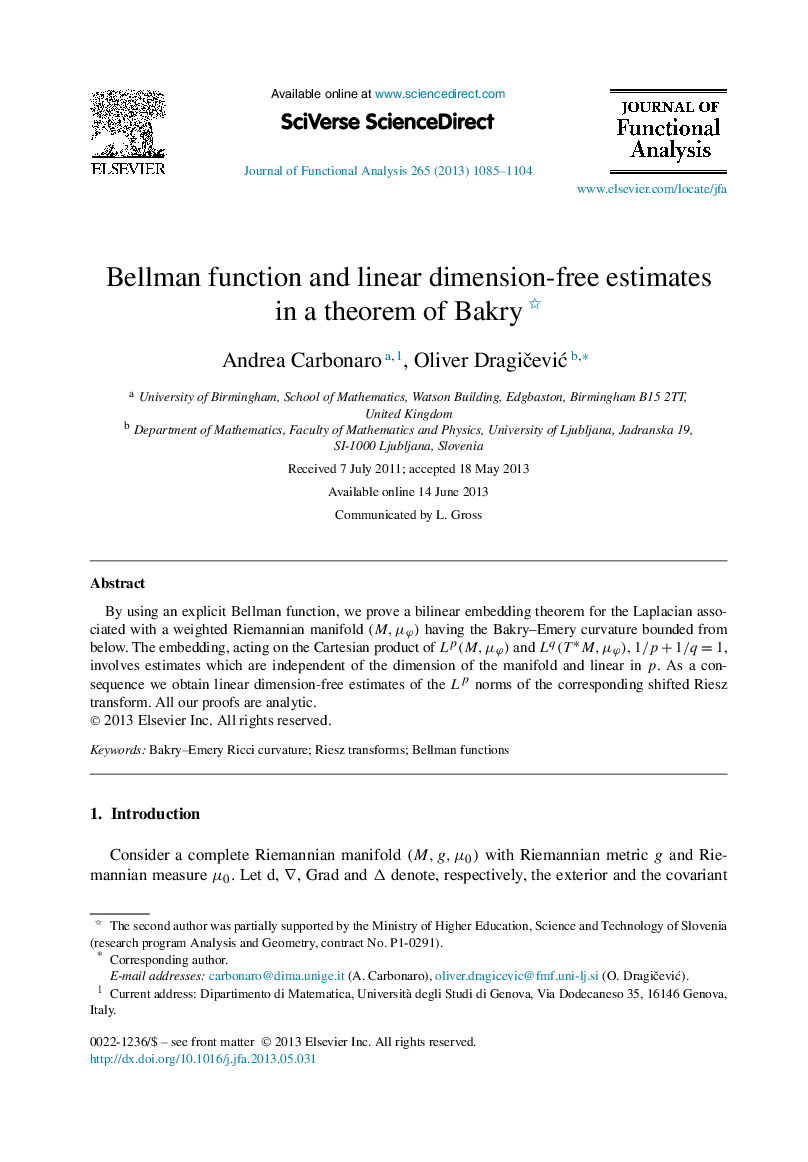 Bellman function and linear dimension-free estimates in a theorem of Bakry 