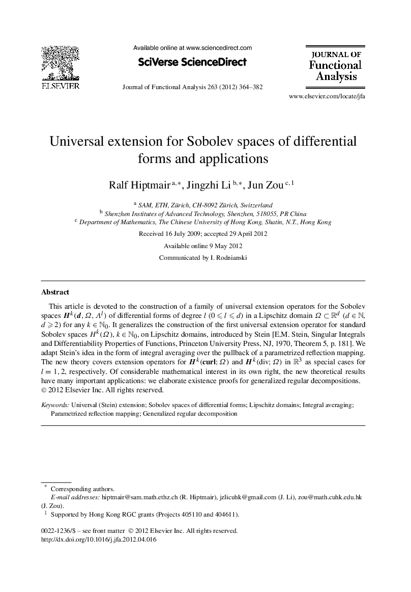 Universal extension for Sobolev spaces of differential forms and applications