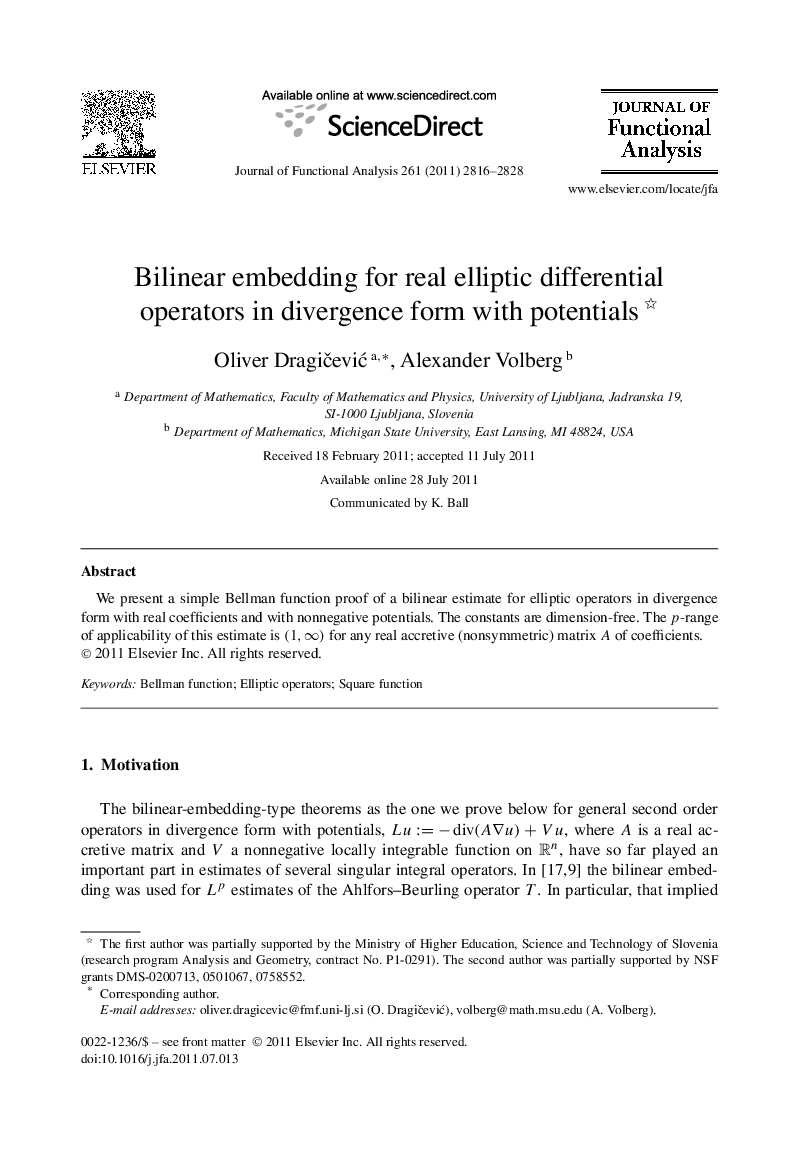 Bilinear embedding for real elliptic differential operators in divergence form with potentials 