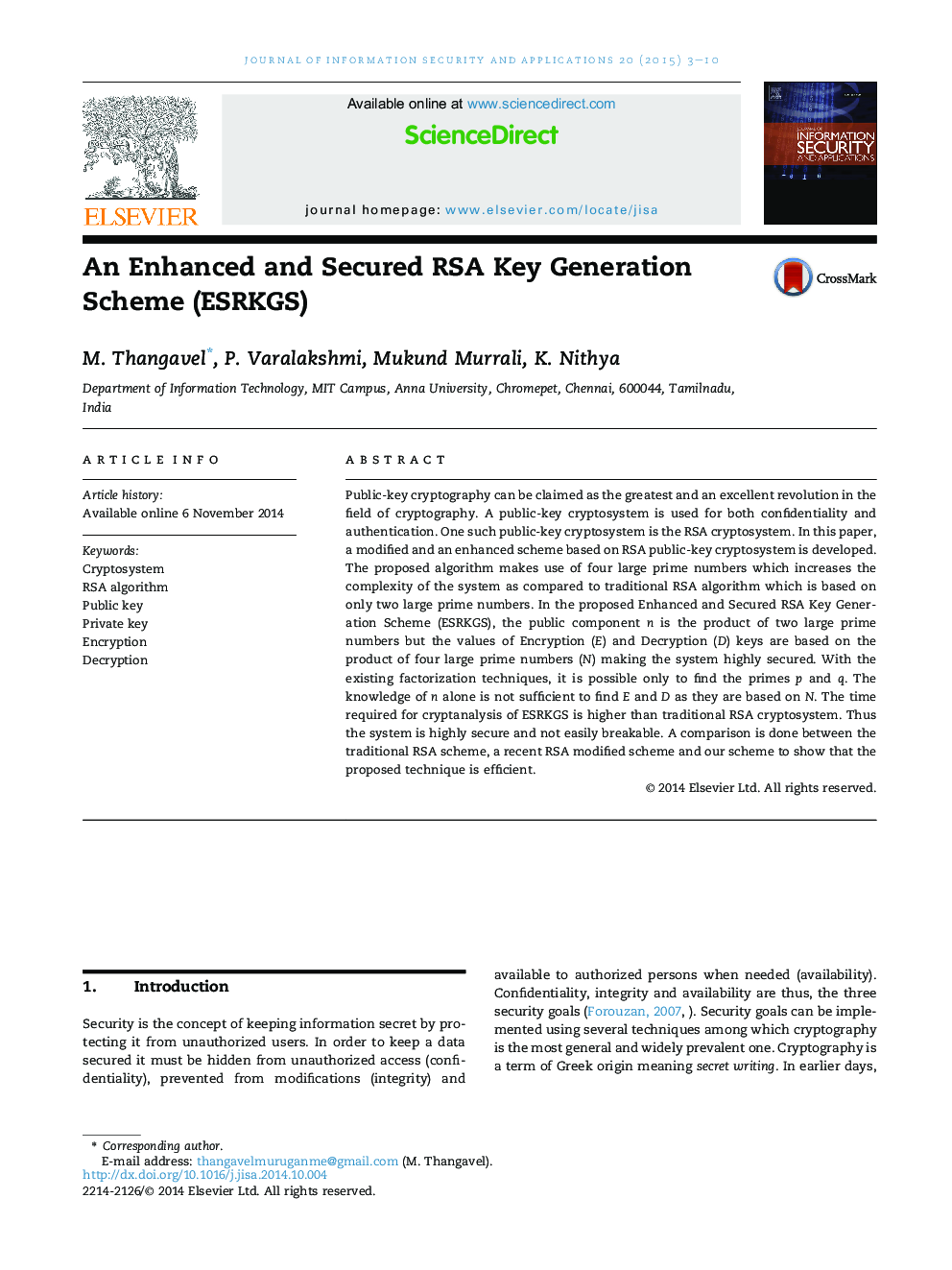 An Enhanced and Secured RSA Key Generation Scheme (ESRKGS)