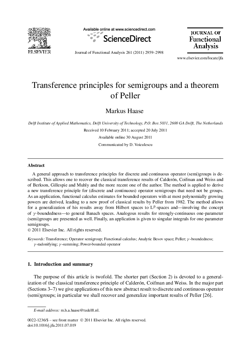 Transference principles for semigroups and a theorem of Peller