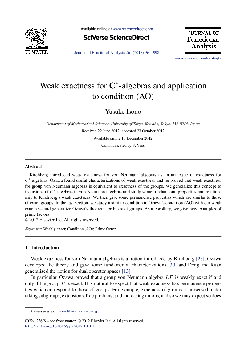 Weak exactness for C⁎-algebras and application to condition (AO)