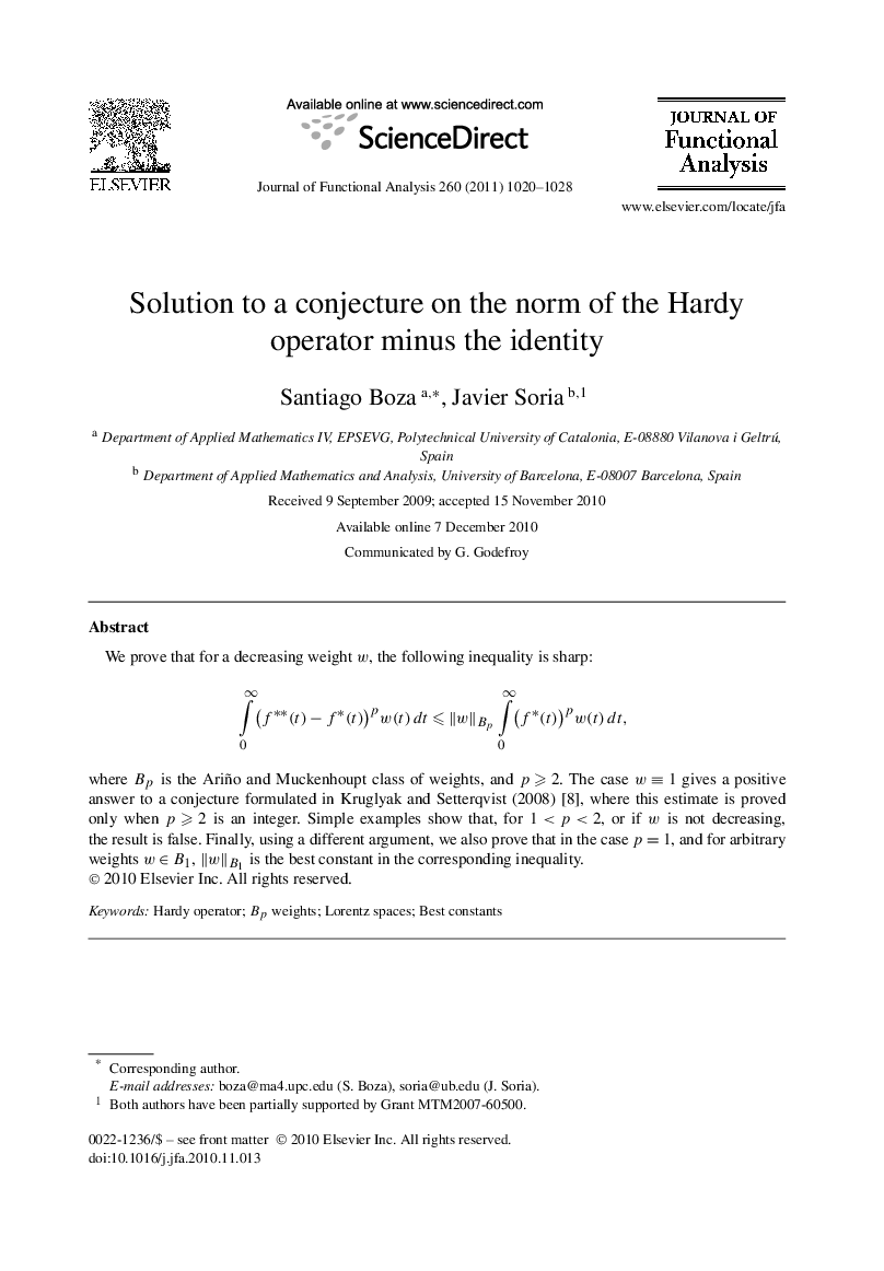 Solution to a conjecture on the norm of the Hardy operator minus the identity