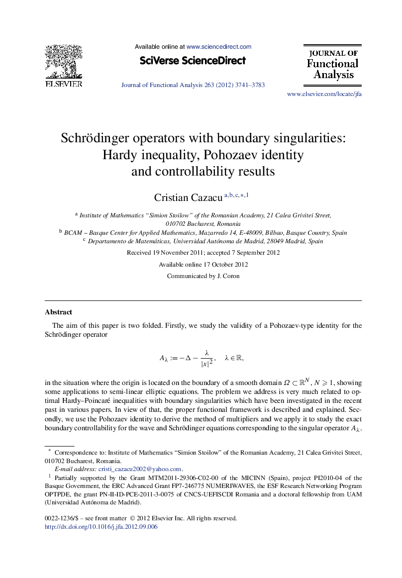 Schrödinger operators with boundary singularities: Hardy inequality, Pohozaev identity and controllability results