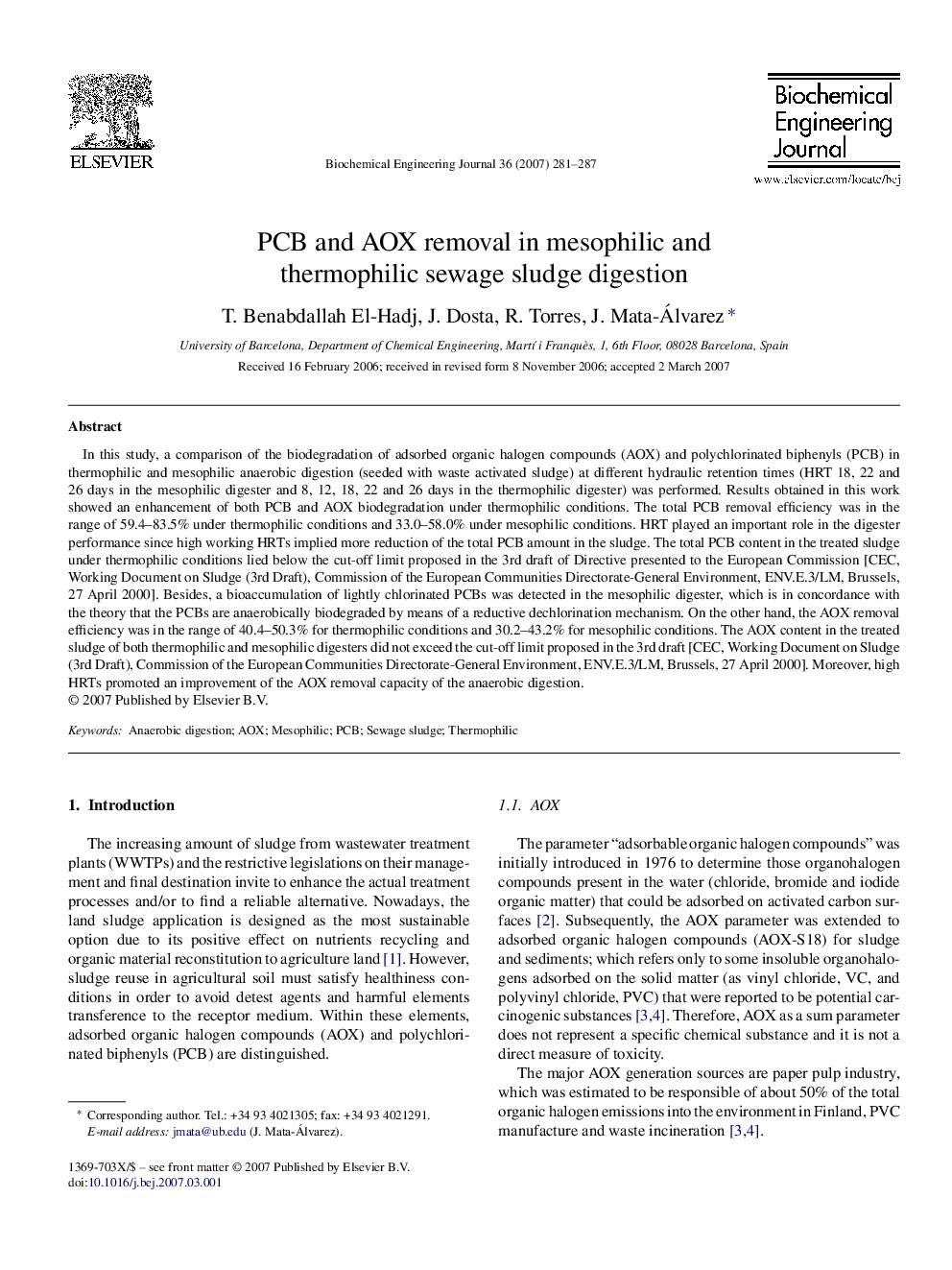 PCB and AOX removal in mesophilic and thermophilic sewage sludge digestion