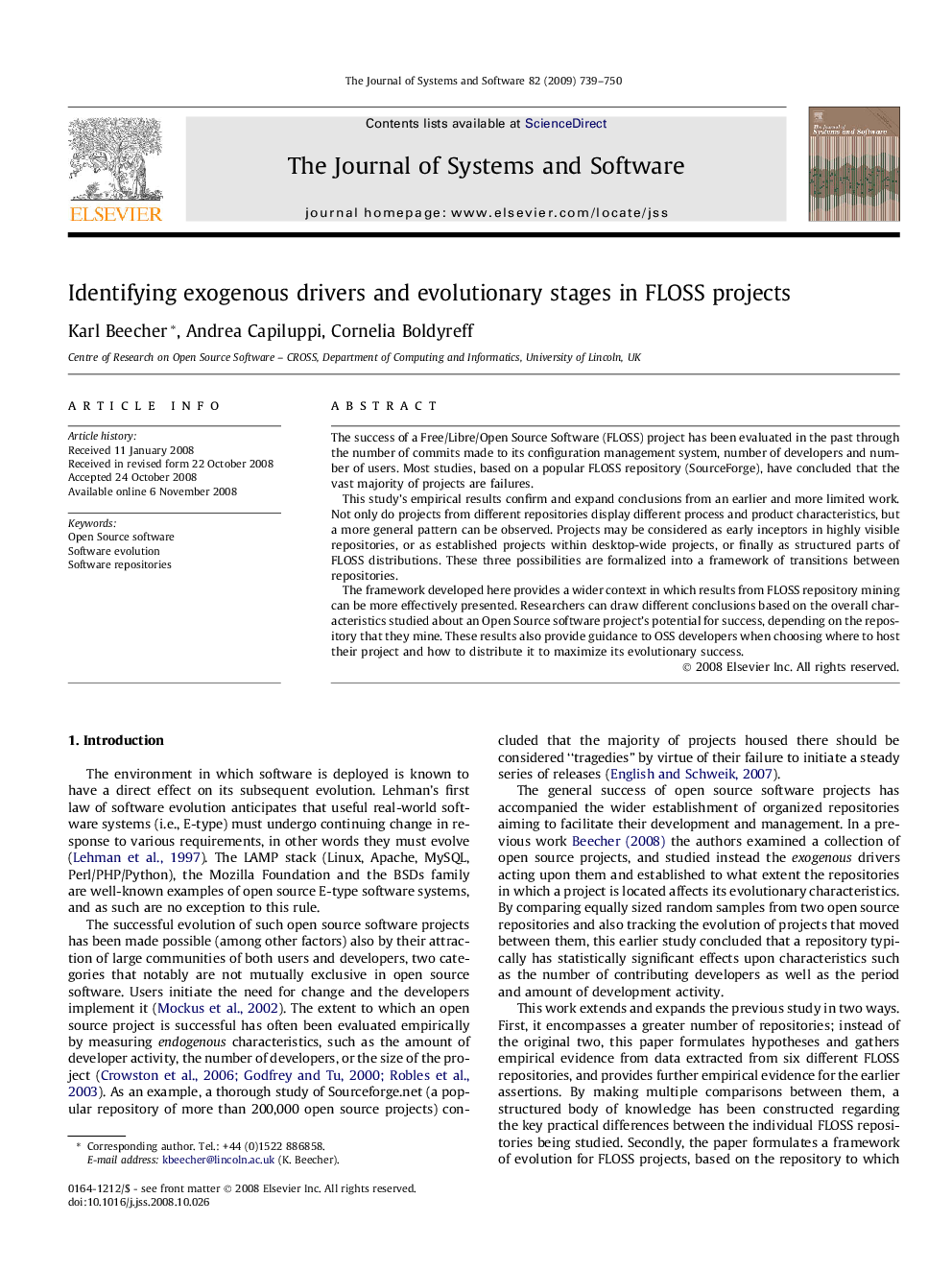 Identifying exogenous drivers and evolutionary stages in FLOSS projects