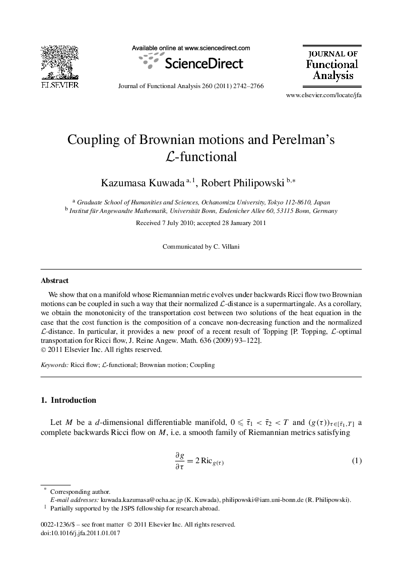 Coupling of Brownian motions and Perelman's L-functional