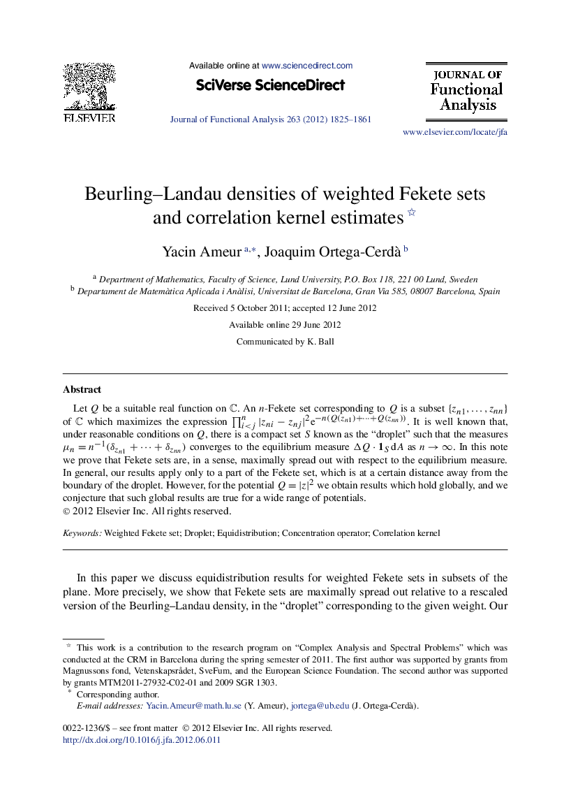 Beurling–Landau densities of weighted Fekete sets and correlation kernel estimates 